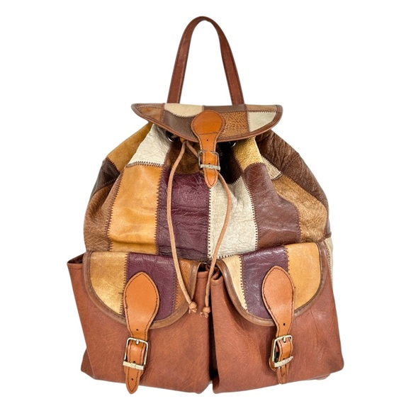 Vintage Handbags - Vintage Brown Patchwork Leather Backpack With Top Handle Strap
